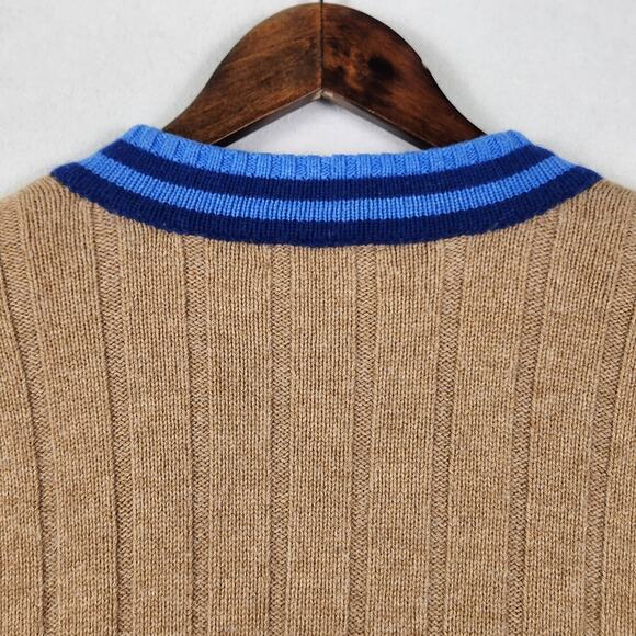 Madewell Tipped V-Neck Oversized Sweater in Tan With Blue V-Neck SZ SM Wool Blnd - Picture 6 of 13